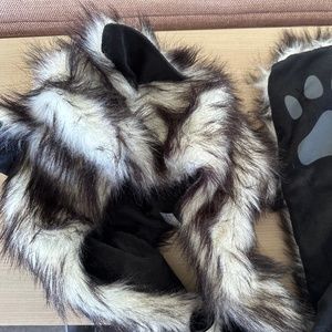 Grey Wolf faux fur Hood with Ears and Paws.  Halloween Costume.